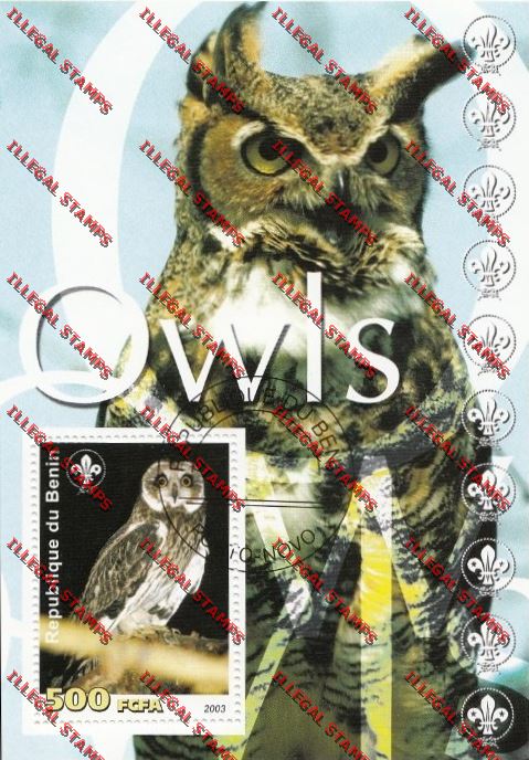 Benin 2003 Owls with Scouting Emblems Illegal Stamp Souvenir Sheet