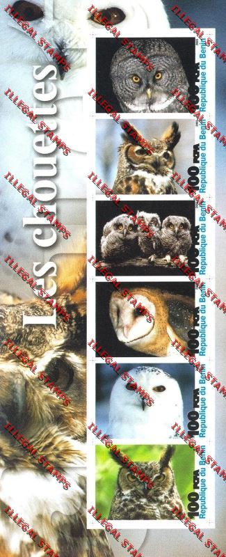 Benin 2003 Owls Illegal Stamp Sheetlet of Six Titled Les Chouettes