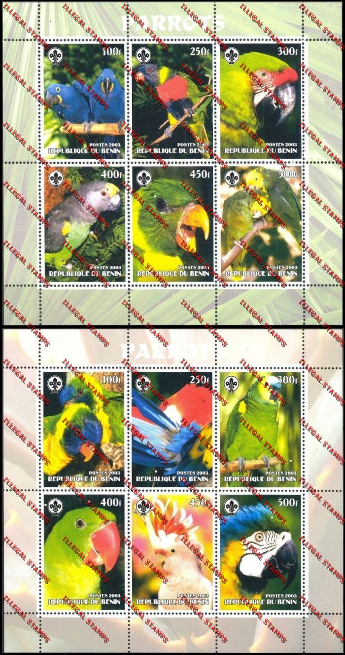 Benin 2003 Parrots with Scouting Emblem Illegal Stamp Sheetlets of Six