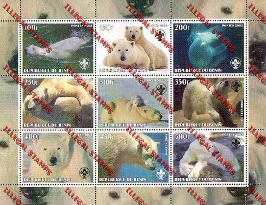 Benin 2003 Polar Bears with Scout Logo Illegal Stamp Sheetlet of Nine