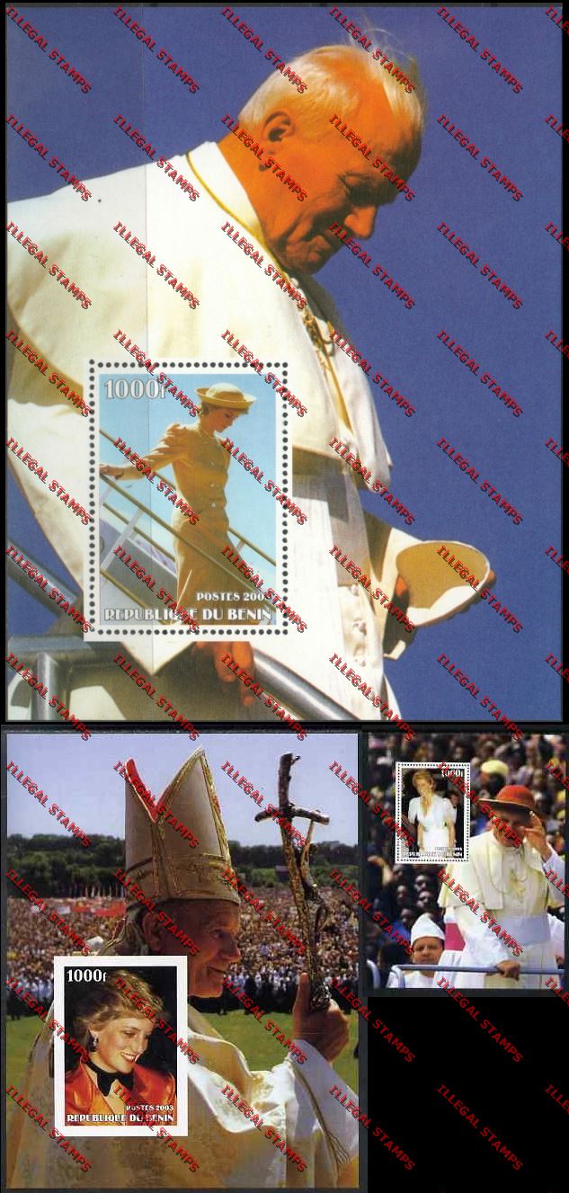 Benin 2003 Pope John Paul II and Princess Diana Illegal Stamp Souvenir Sheets