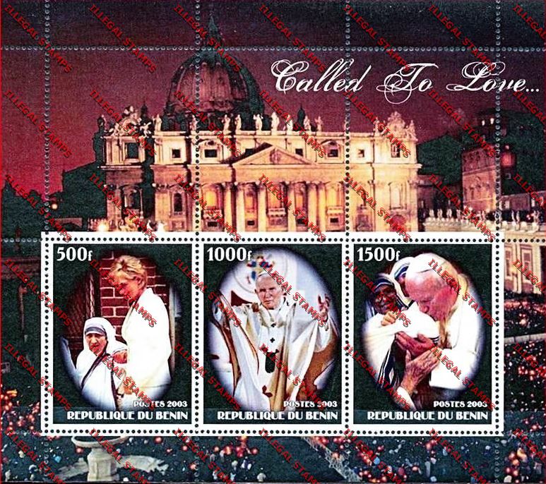 Benin 2003 Pope John Paul II, Princess Diana and Mother Teresa Illegal Stamp Souvenir Sheet