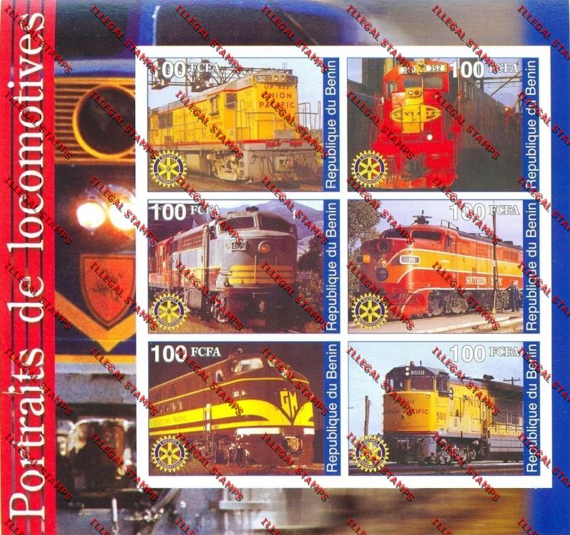 Benin 2003 Trains with Rotary International Emblem Illegal Stamp Souvenir Sheetlet of Six