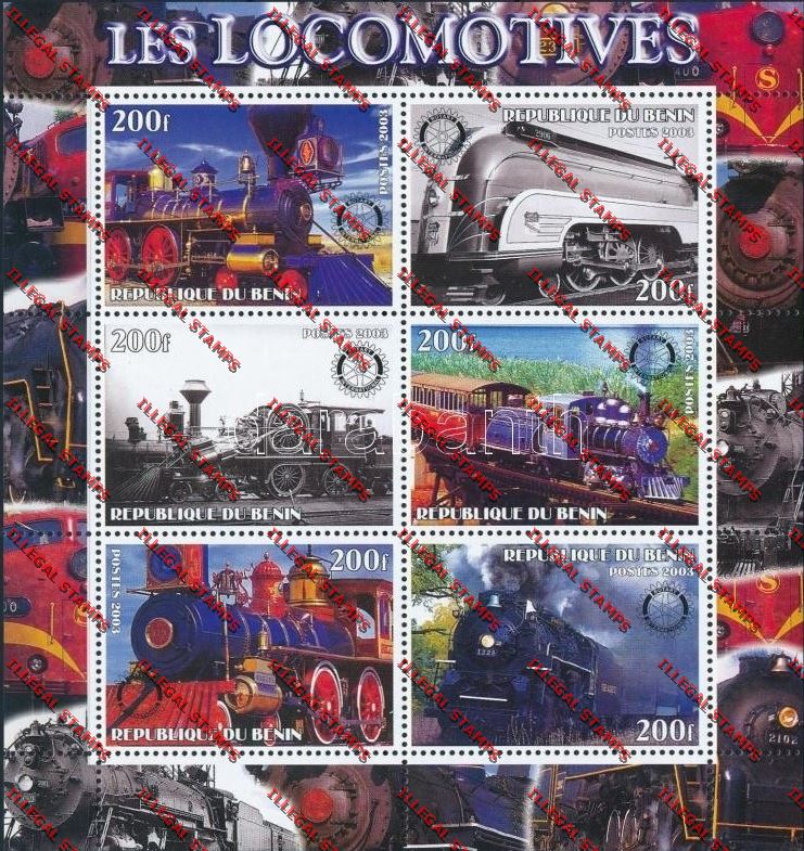 Benin 2003 Trains (Les Locomotives) with Rotary International Emblem Illegal Stamp Souvenir Sheetlet of Six