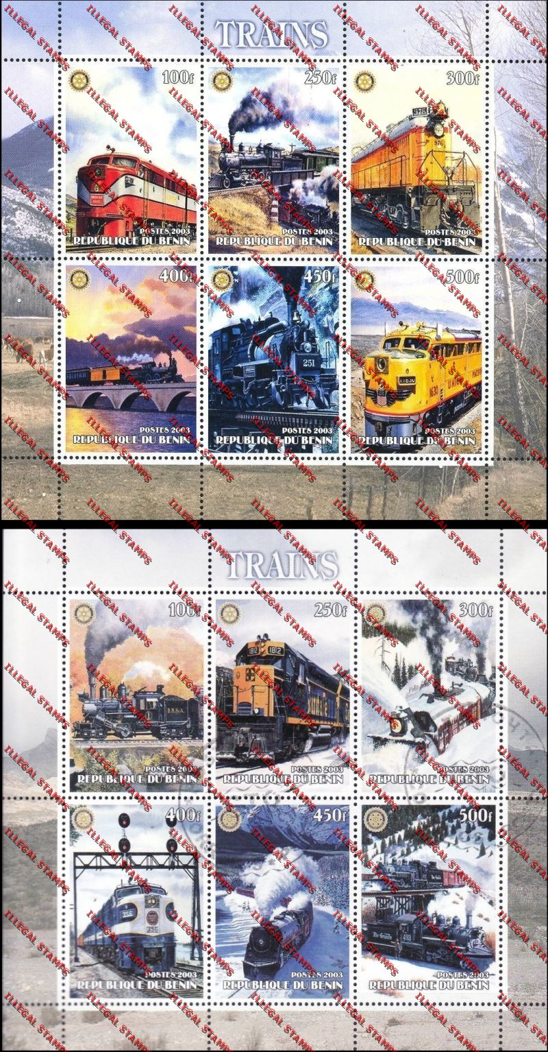 Benin 2003 Trains with Rotary International Emblem Illegal Stamp Sheetlets of Six