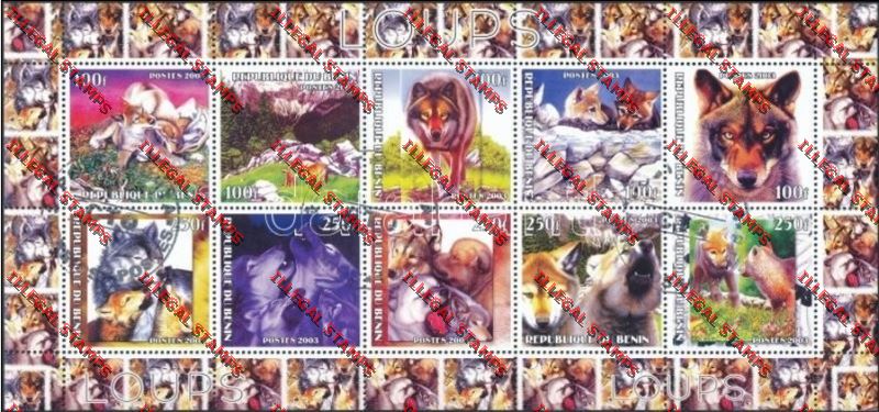 Benin 2003 Wolves Illegal Stamp Sheetlet of Ten