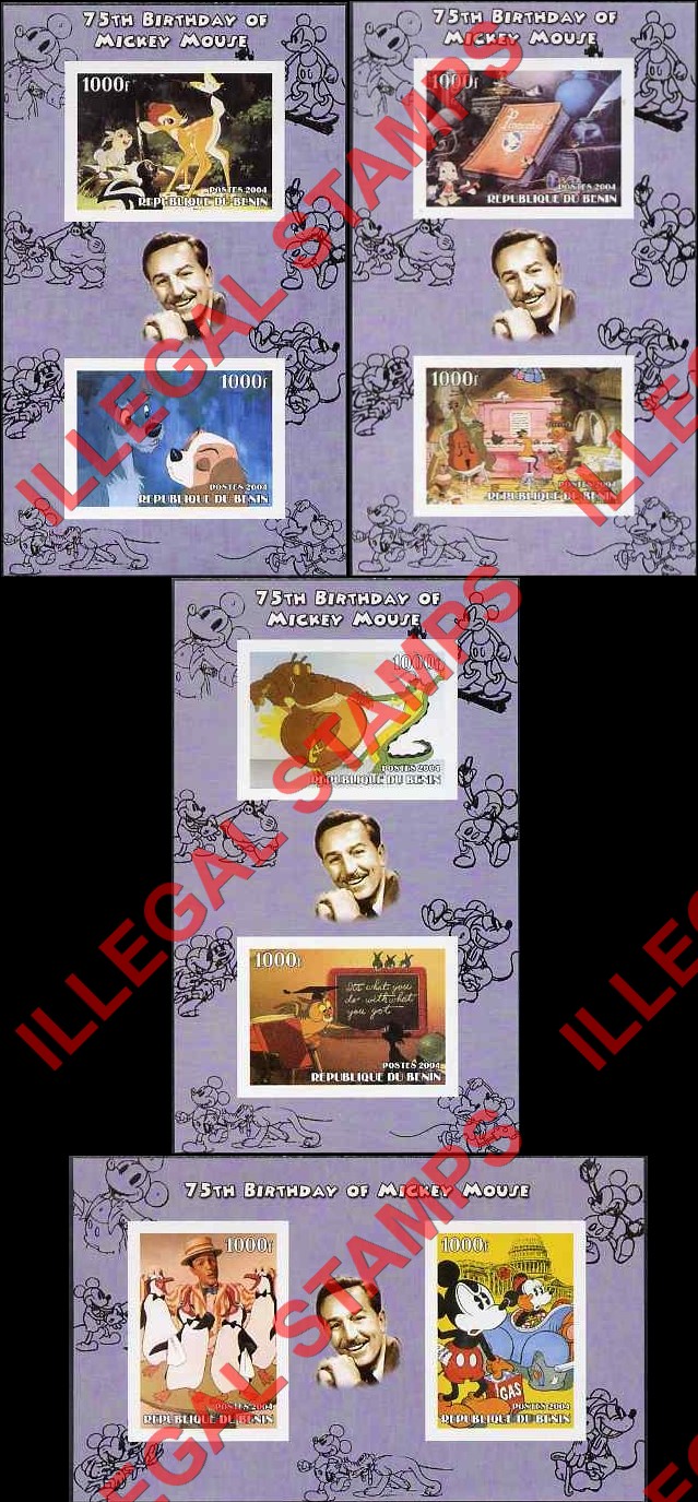 Benin 2004 Disney Mickey Mouse 75th Birthday Illegal Stamp Souvenir Sheets of 2