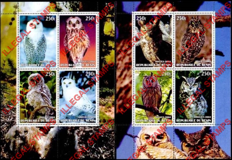 Benin 2004 Owls Illegal Stamp Souvenir Sheets of 4