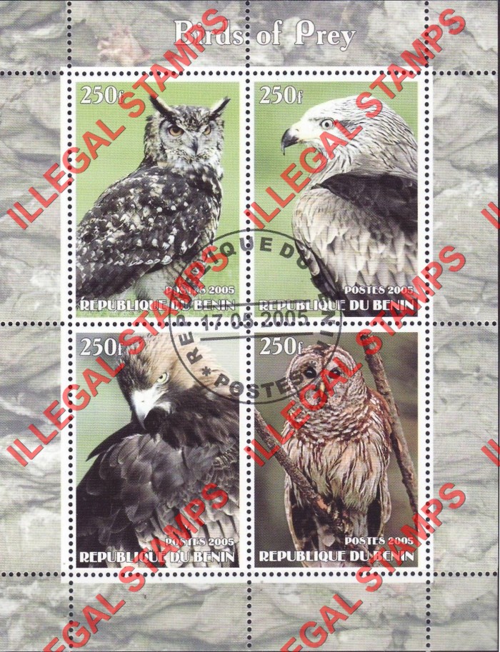 Benin 2005 Birds of Prey Illegal Stamp Souvenir Sheet of 4