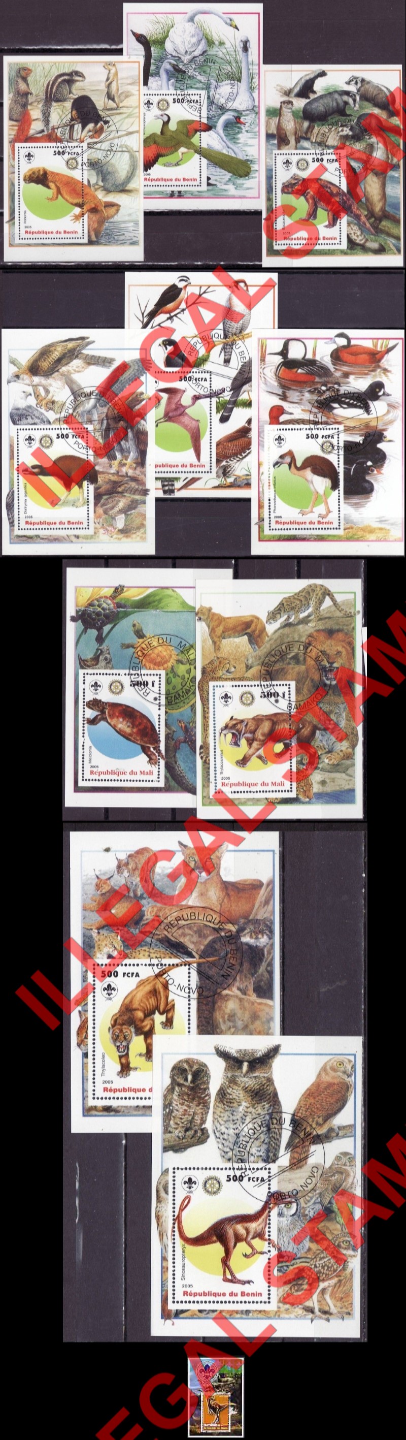 Benin 2005 Dinosaurs and Scouts Logo Illegal Stamp Souvenir Sheets of 1