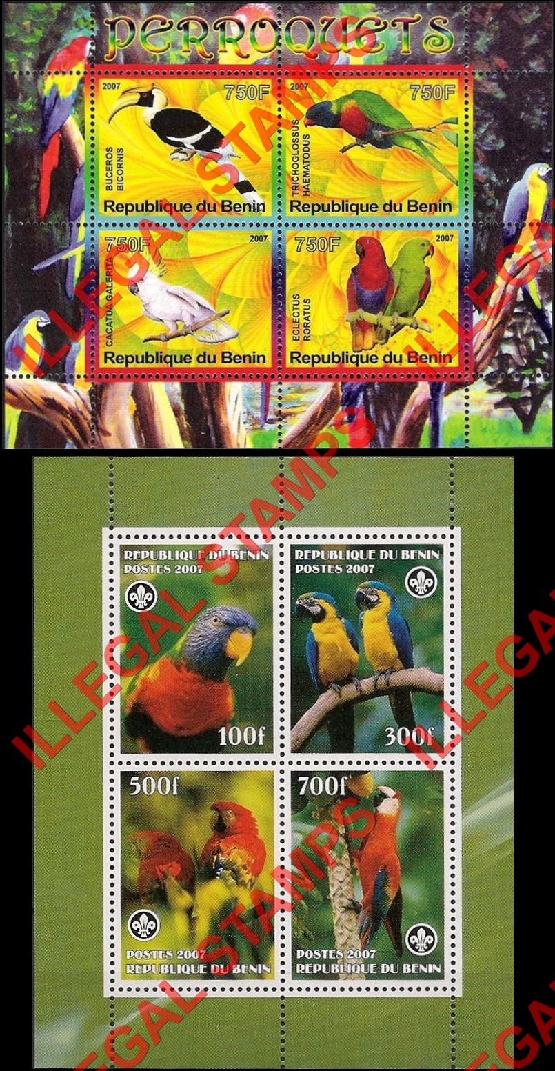 Benin 2007 Parrots Illegal Stamp Souvenir Sheets of 4