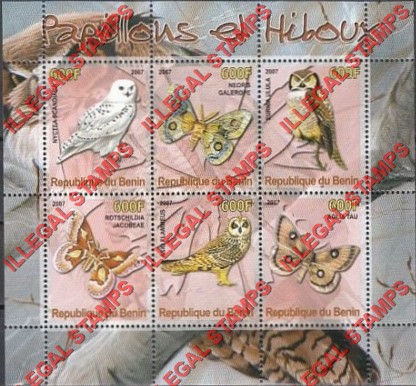 Benin 2007 Butterflies and Owls Illegal Stamp Souvenir Sheet of 6