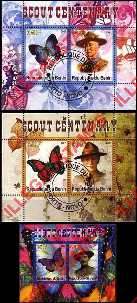 Benin 2007 Butterflies and Scouts Baden Powell Illegal Stamp Souvenir Sheets of 2