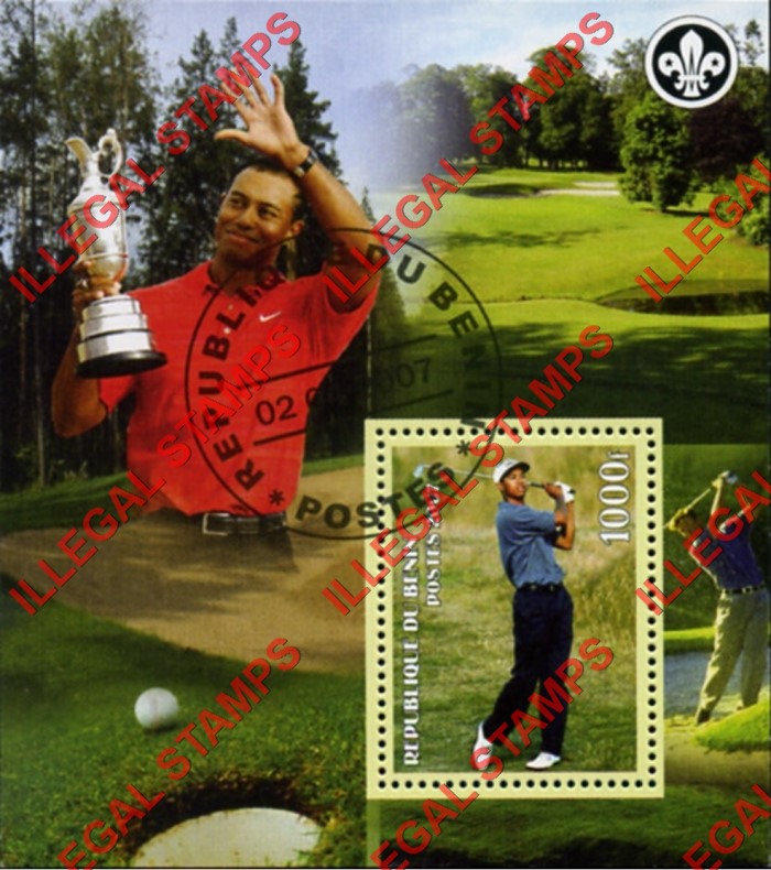 Benin 2007 Tiger Woods Golf Illegal Stamp Souvenir Sheet of 1
