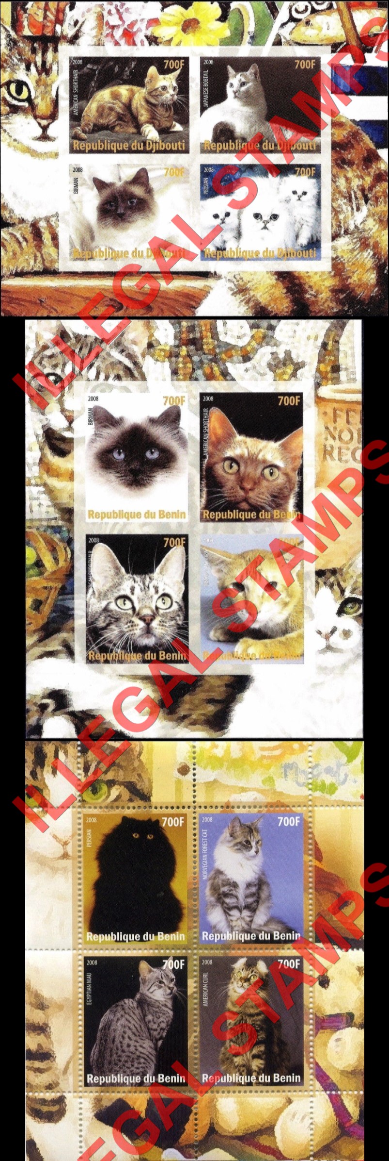 Benin 2008 Cats Illegal Stamp Souvenir Sheets of 4