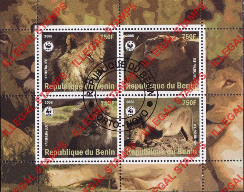 Benin 2008 Lions Illegal Stamp Souvenir Sheet of 4