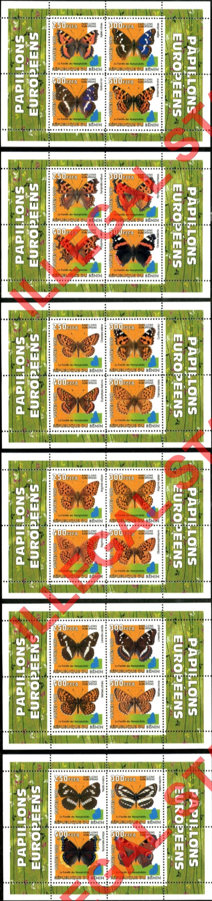 Benin 2010 Butterflies Illegal Stamp Souvenir Sheets of 4