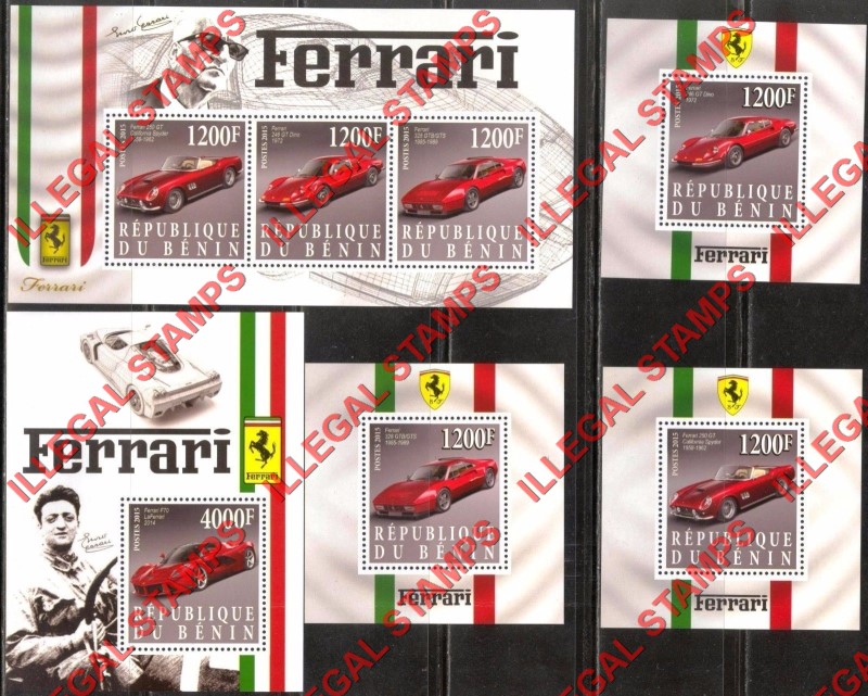Benin 2015 Ferrari Illegal Stamp Souvenir Sheets of 3 and 1