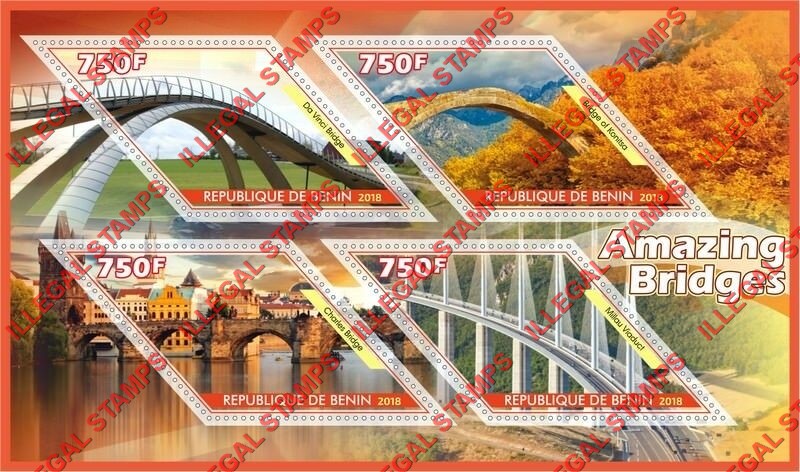 Benin 2018 Amazing Bridges Illegal Stamp Souvenir Sheet of 4