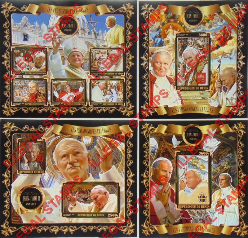 Benin 2018 Celebrities Pope John Paul II Illegal Stamp Souvenir Sheets of 5, 2, and 1