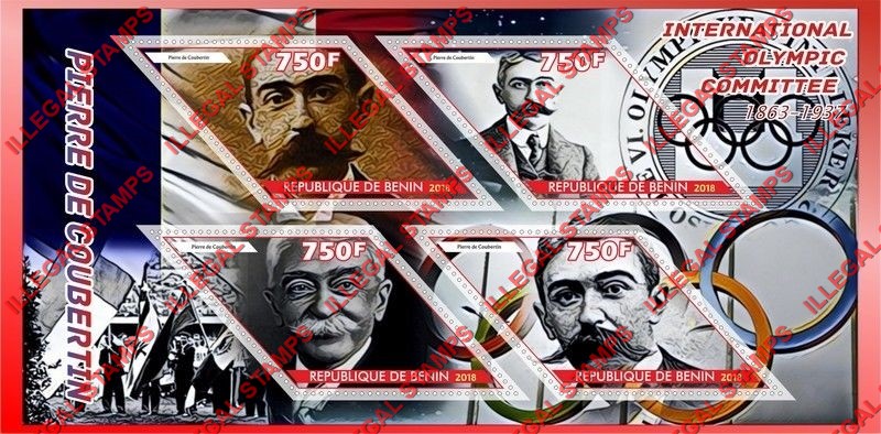 Benin 2018 Pierre de Coubertin Illegal Stamp Souvenir Sheet of 4
