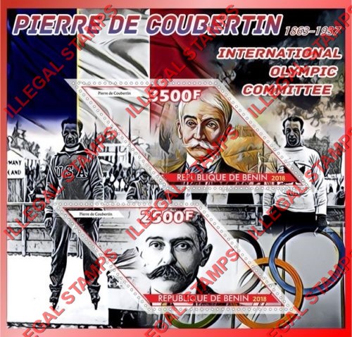 Benin 2018 Pierre de Coubertin Illegal Stamp Souvenir Sheet of 2