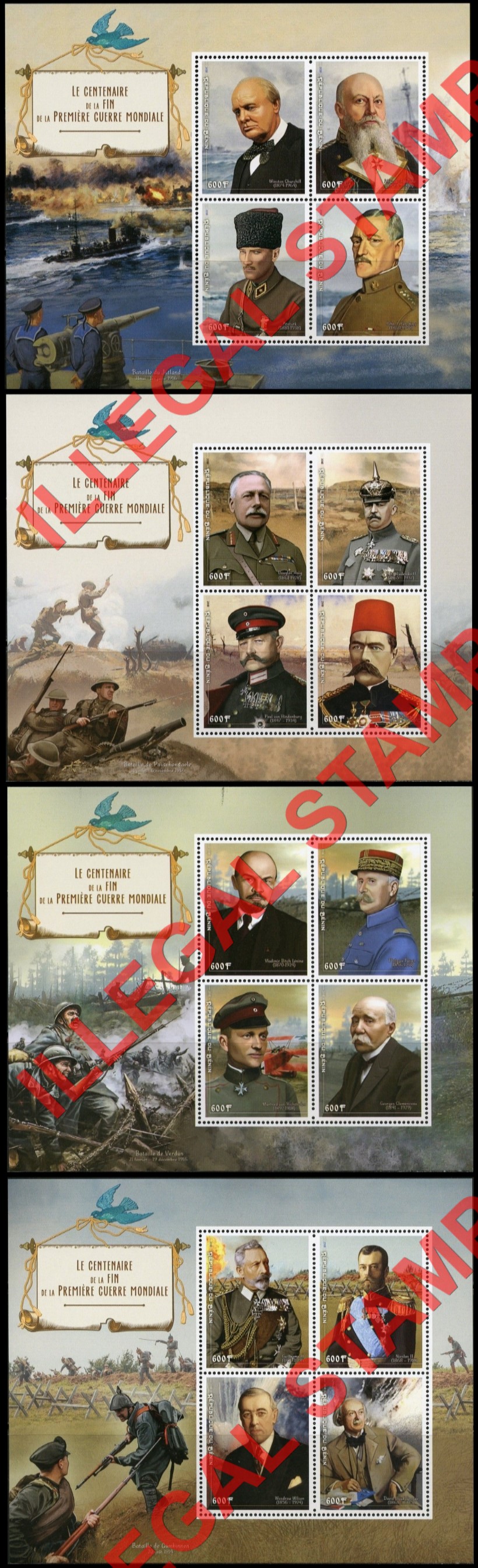 Benin 2018 World War I Leaders Illegal Stamp Souvenir Sheets of 4
