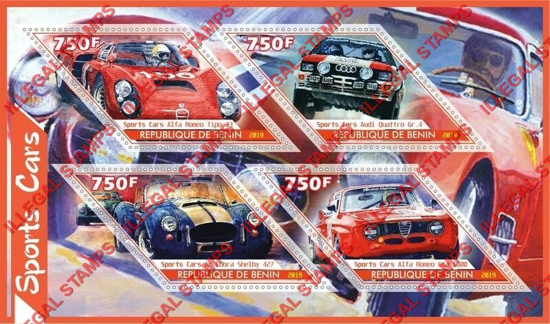 Benin 2019 Sports Cars Illegal Stamp Souvenir Sheet of 4
