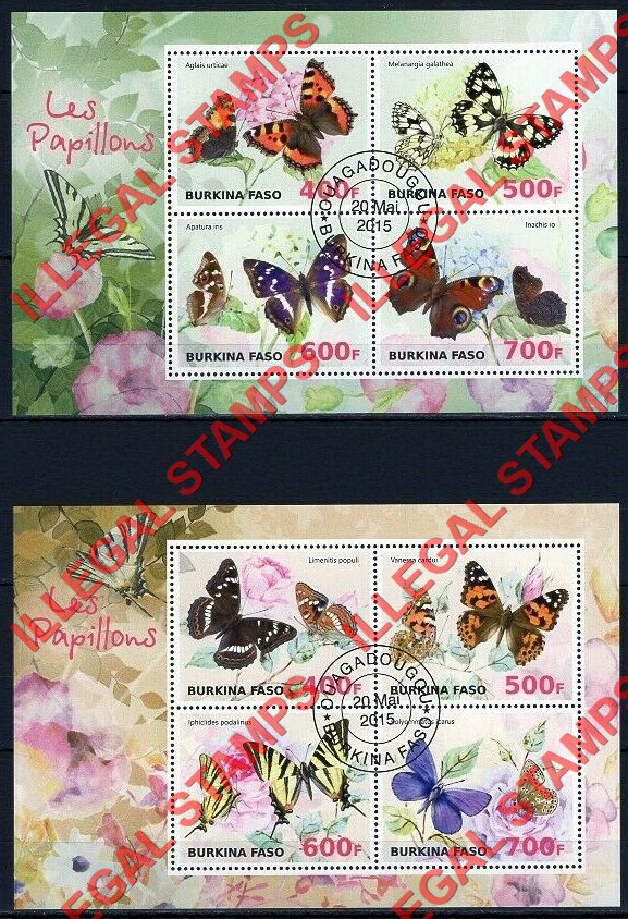 Burkina Faso 2015 Butterflies Illegal Stamp Souvenir Sheets of 4