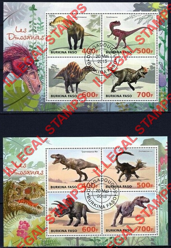 Burkina Faso 2015 Dinosaurs Illegal Stamp Souvenir Sheets of 4