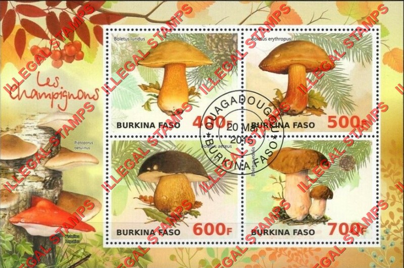 Burkina Faso 2015 Mushrooms Illegal Stamp Souvenir Sheet of 4