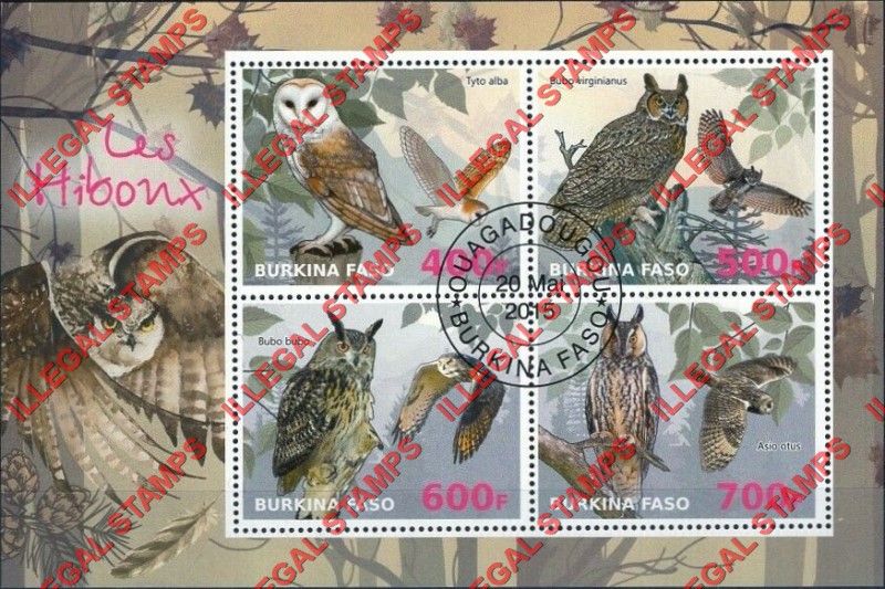 Burkina Faso 2015 Owls Illegal Stamp Souvenir Sheet of 4