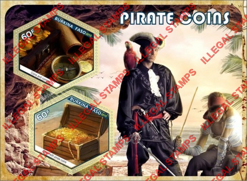 Burkina Faso 2015 Pirate Coins Illegal Stamp Souvenir Sheet of 2