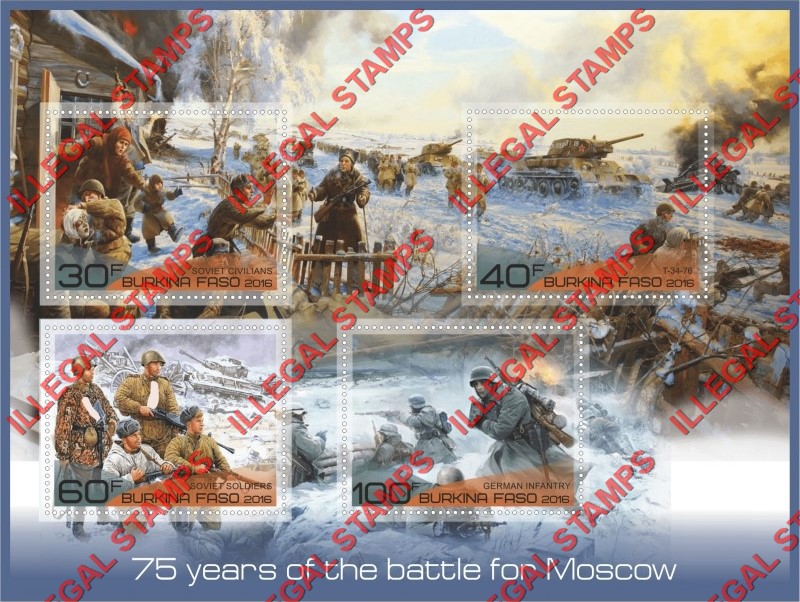 Burkina Faso 2016 Battle for Moscow (different) Illegal Stamp Souvenir Sheet of 4