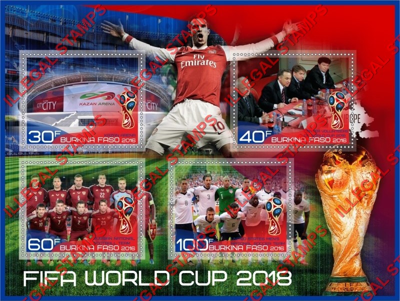 Burkina Faso 2016 FIFA World Cup Soccer in 2018 Illegal Stamp Souvenir Sheet of 4