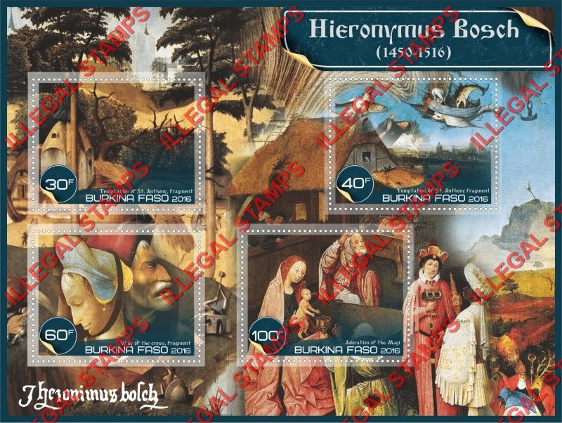 Burkina Faso 2016 Paintings by Hieronymus Bosch Illegal Stamp Souvenir Sheet of 4