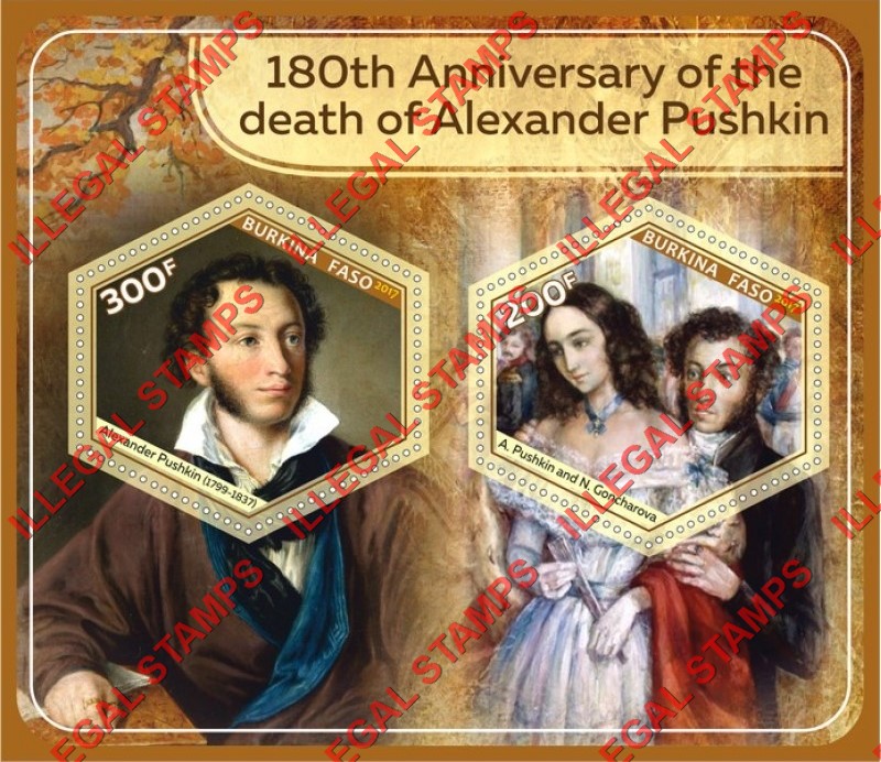 Burkina Faso 2017 Alexander Pushkin Illegal Stamp Souvenir Sheet of 2
