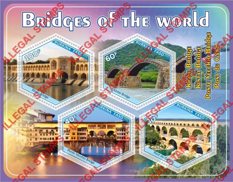 Burkina Faso 2017 Bridges of the World Illegal Stamp Souvenir Sheet of 4