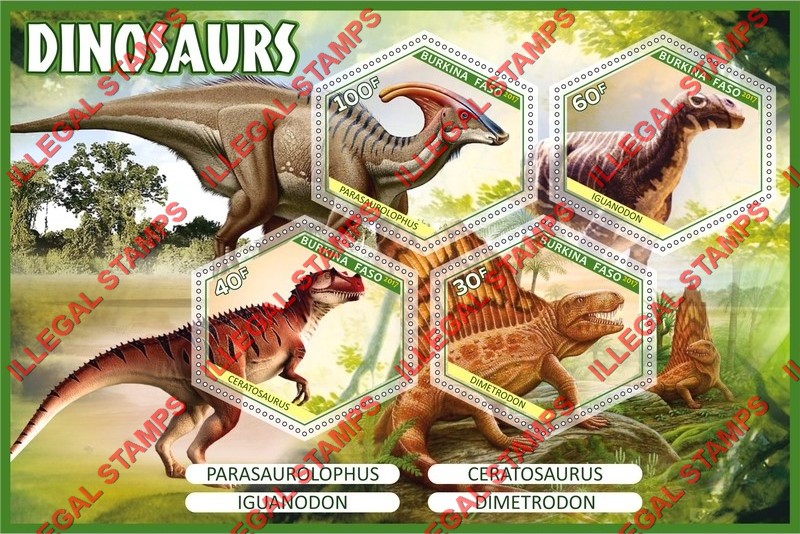 Burkina Faso 2017 Dinosaurs Illegal Stamp Souvenir Sheet of 4