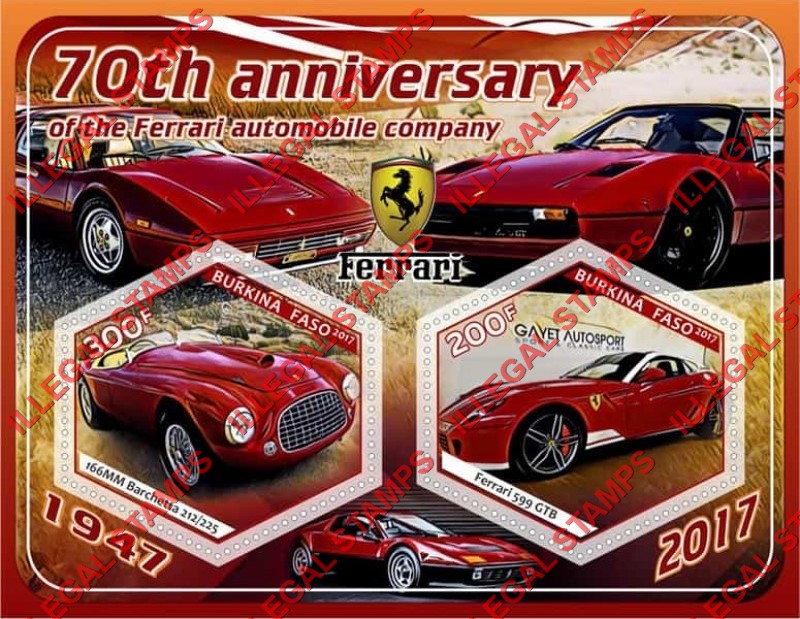 Burkina Faso 2017 Ferrari Illegal Stamp Souvenir Sheet of 2