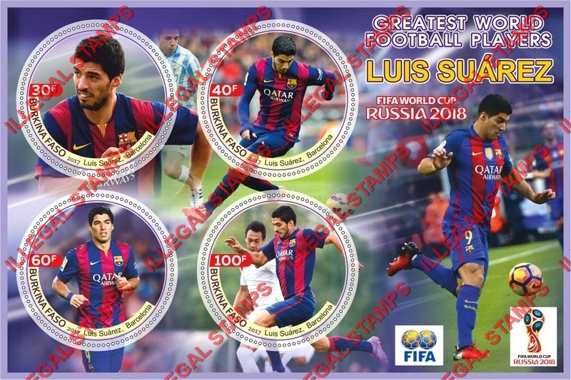 Burkina Faso 2017 FIFA World Cup Soccer in 2018 Greatest World Football Players Luis Suarez Illegal Stamp Souvenir Sheet of 4