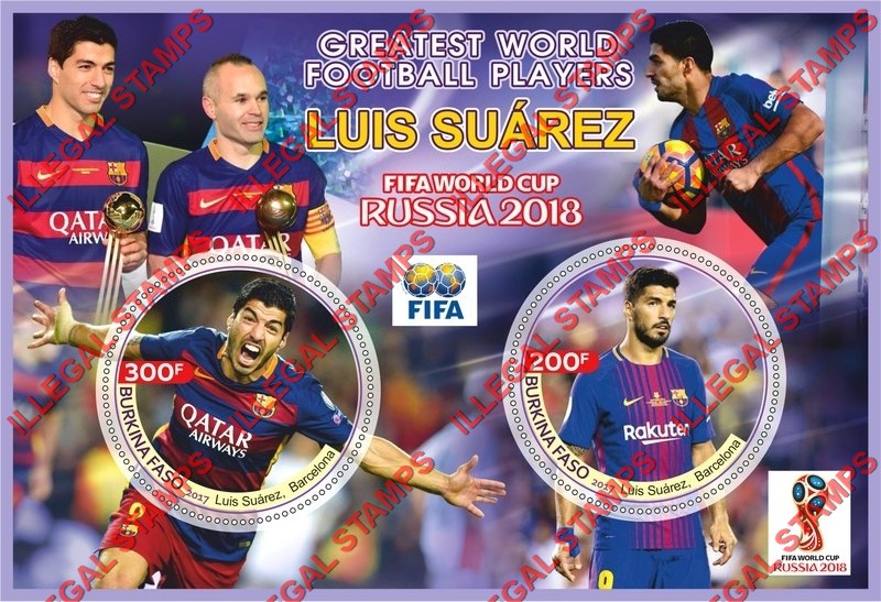 Burkina Faso 2017 FIFA World Cup Soccer in 2018 Greatest World Football Players Luis Suarez Illegal Stamp Souvenir Sheet of 2