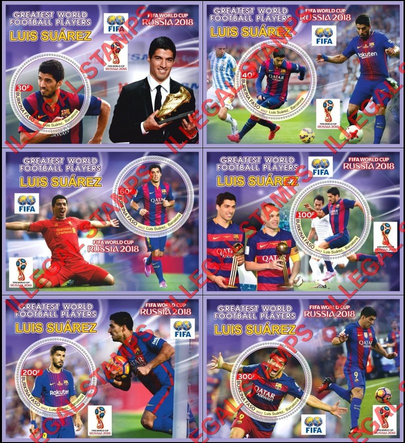 Burkina Faso 2017 FIFA World Cup Soccer in 2018 Greatest World Football Players Luis Suarez Illegal Stamp Souvenir Sheets of 1