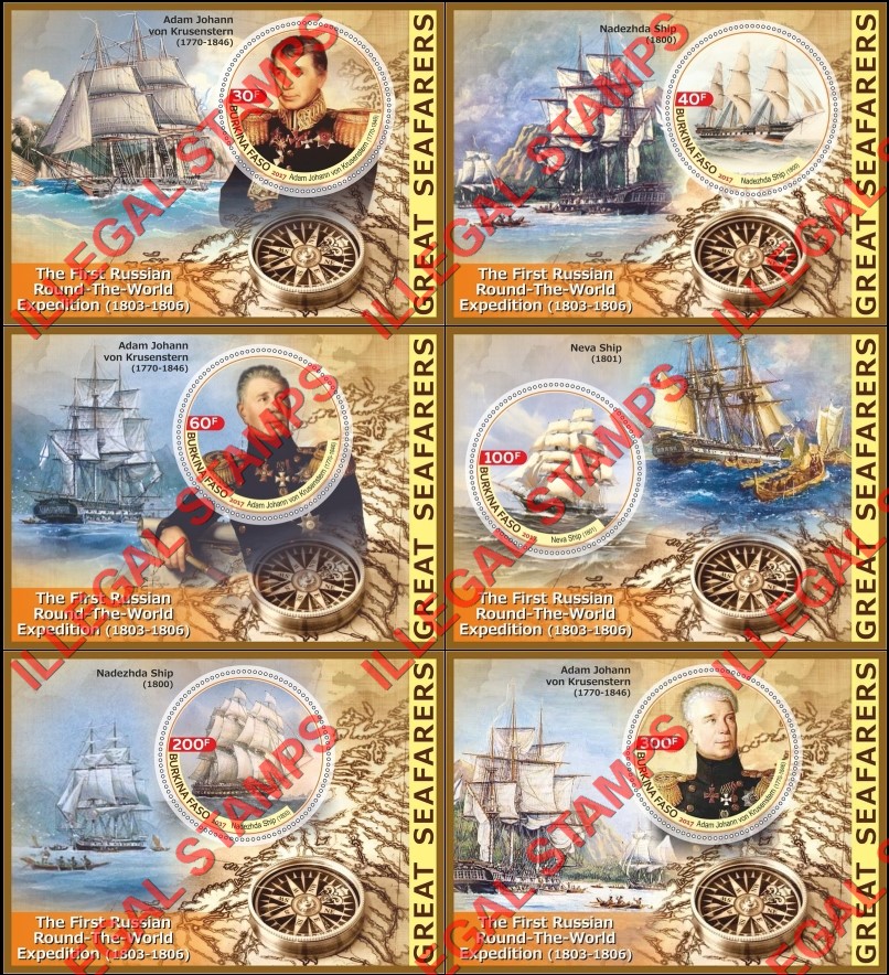 Burkina Faso 2017 Great Seafarers First Russian Round the World Expedition Illegal Stamp Souvenir Sheets of 1