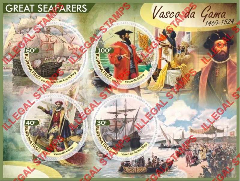 Burkina Faso 2017 Great Seafarers Vasco da Gama Illegal Stamp Souvenir Sheet of 4