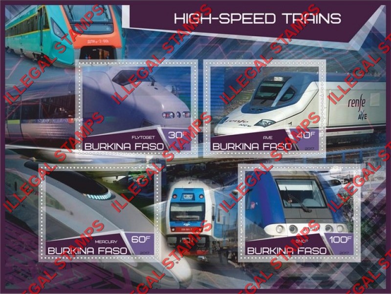 Burkina Faso 2017 High Speed Trains Illegal Stamp Souvenir Sheet of 4