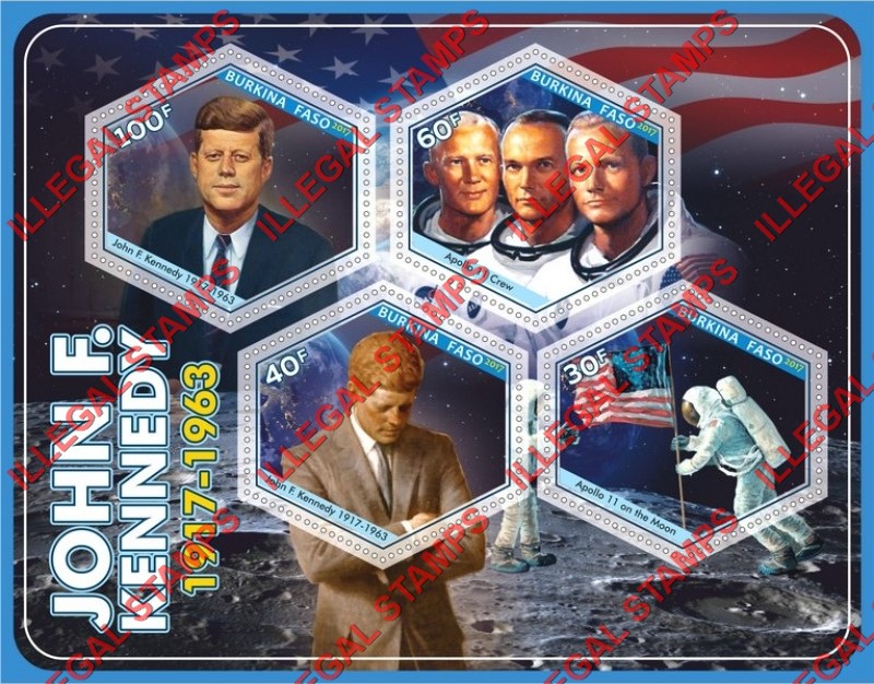 Burkina Faso 2017 John F. Kennedy and Apollo 11 Illegal Stamp Souvenir Sheet of 4
