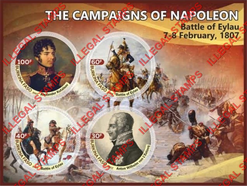 Burkina Faso 2017 Napoleon Campaigns Battle of Eylau Illegal Stamp Souvenir Sheet of 4