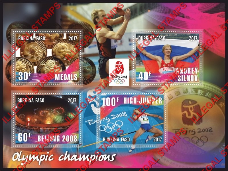 Burkina Faso 2017 Olympic Champions in Beijing 2008 High-jumper Andrey Silnov Illegal Stamp Souvenir Sheet of 4