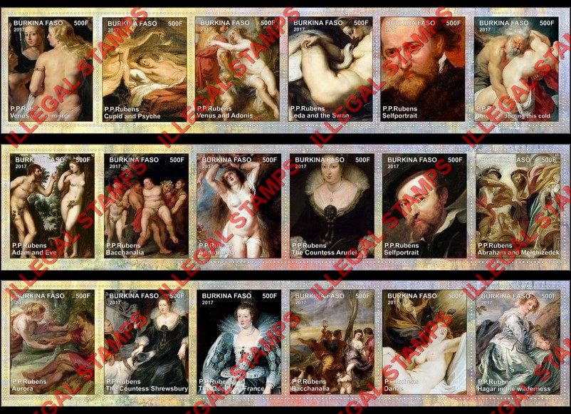 Burkina Faso 2017 Paintings by Peter Paul Rubens Illegal Stamp Strips of 6
